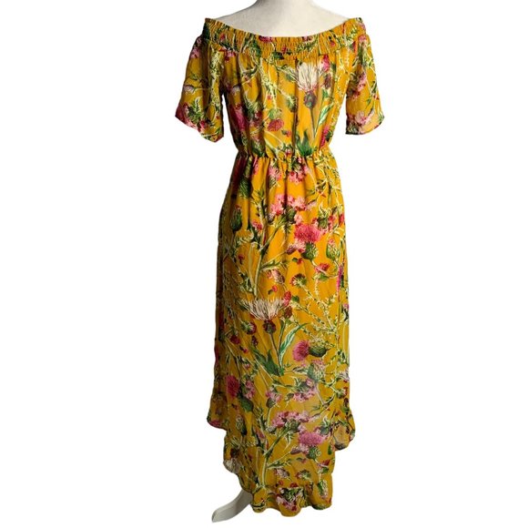 Boohoo Off the Shoulder Midi Dress 6 Yellow Floral High Low Hem Elastic Waist - Picture 5 of 7